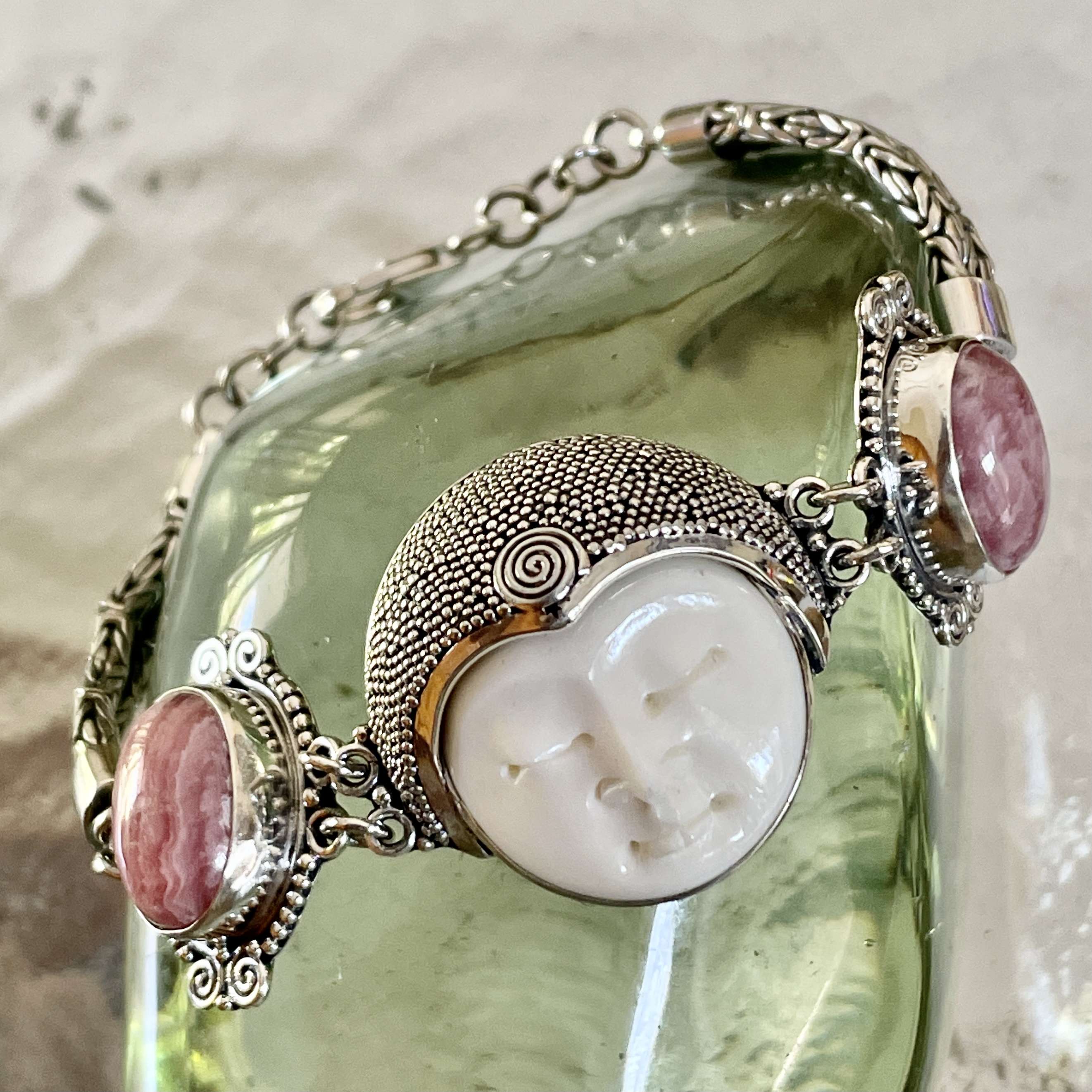 (HANDMADE 925 BALI SILVER BONE FACE BRACELET WITH RHODOCROSITE)